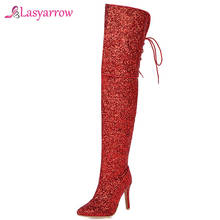 Lasyarrow-botas de inverno para mulheres, cano alto, ponta de salto alto, brilhante, coxa, sapatos de festa 2024 - compre barato