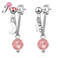 Pendientes asimétricos de luna/estrella para mujer y niña, joyería de plata 925, cuentas de fresa rosa, colgantes 2024 - compra barato