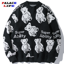 Cotton Pullover Sweater Men 2021 Autumn Cartoon Bear Print Knitted Sweater Hip Hop Harajuku Couple Streetwear Sweater Tops 2024 - купить недорого