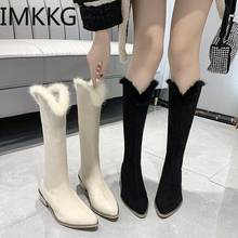 Botas de nieve cálidas para mujer, zapatos de tacón medio con punta puntiaguda, de felpa y piel, color beige, Invierno 2024 - compra barato