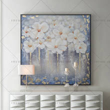 Pintado a mano nueva flor de oro blanco pintura al óleo pinturas en lienzo para sala de estar cuchillo moderno cuadro de flores cuadro de pared CUADRO DE ARTE 2024 - compra barato