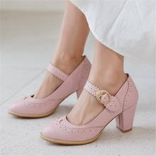 Bombas femininas lolita sapatos de salto alto rosa mary jane sapatos arco bloco salto senhoras sapatos de festa tamanho grande 32-43 2024 - compre barato