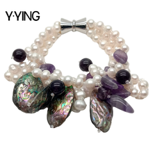 Y·YING 3 Rows natural Freshwater White Pearl Amethysts Abalone Shell strand Bracelet 8" handmade for womne 2024 - buy cheap