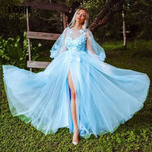 LORIE Light Blue Evening Dresses O-Neck Long Sleeves Appliques Flowers A-Line Tulle Side Split Prom Party Gown for Graduation 2024 - buy cheap