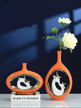 Estilo europeu oco cerâmica vaso de ouro luxo casal veado arranjo flor desktop laranja secas flor decora vaso decoração para casa 2024 - compre barato