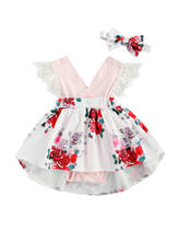 Novo conjunto de duas peças da menina, laço infantil voar manga vestido com decote em v floral impresso macacão arco faixa de cabelo para o bebê 2024 - compre barato