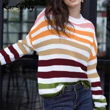 Karsany suéter grande de arco-íris para mulheres, pulôver listrado, suéter de crochê, pulôver feminino de grandes dimensões 2024 - compre barato