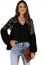 Blusa de encaje con escote en V para mujer, blusa informal de manga larga con cuello en V, color negro y azul, Estilo Vintage 2024 - compra barato