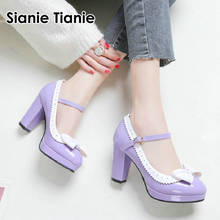 Sianie Tianie size 33-48 lady shoes patent pu leather purple pink block high heels women mary janes shoes pumps with bowtie knot 2024 - buy cheap