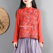Camisa chinesa tradicional 2021, roupa para mulheres, impressão, blusa elegante, vintage, cheongsam, camisa de linho oriental 2024 - compre barato