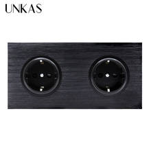 UNKAS Grounded With Child Protective Lock Luxury Black Aluminum Panel 16A Double EU Standard Wall Power Socket Outlet 2024 - buy cheap