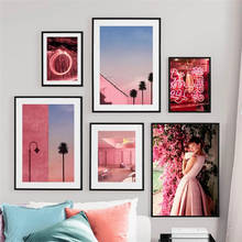 Pintura em tela de arte de parede, luz de flor de cidade rosa, foto de menina, pôsteres nórdicos e impressões, imagens de parede para decoração de sala de estar 2024 - compre barato