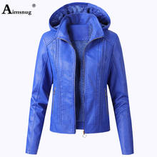 Women Faux Pu Leather Jackets 2021 Autumn Winter Hooded Outerwear Pockets Zipper Coat Slim Biker Jacket Blue Hoodies Plus Velvet 2024 - buy cheap
