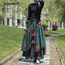 TIYIHAILEY Free Shipping Big Hem Long Maxi A-line Elastic Waist Women Cotton Linen Print Flower S-2XL High Quality Green Skirts 2024 - buy cheap