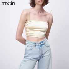 MXTIN 2021 Women Summer Fashion Solid Bow Tie Slim Silk Satin Tank Tops Vintage Square Collar Backless Casual Camis Chic Tops 2024 - buy cheap