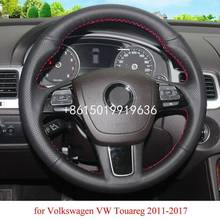 Black Leather Hand-stitched Car Steering Wheel Cover for Volkswagen Touareg 2011-2017 2024 - buy cheap