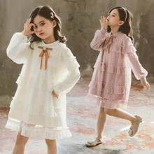Vestido infantil liso de algodão com renda, vestido formal de manga longa com laço sping em camadas 2024 - compre barato