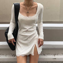 Vestido curto feminino manga comprida, peça vestido renda gola quadrada justo 2024 - compre barato