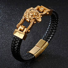 Hip hop cabeça de leão dos homens pulseiras & bangles trançado pulseira de couro genuíno cor do ouro aço inoxidável corrente biker jóias masculinas 2024 - compre barato