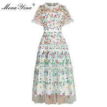 MoaaYina Fashion Designer dress Summer Women Dress Short sleeve Mesh Flowers Embroidery Slim Elegant Dresses 2024 - buy cheap