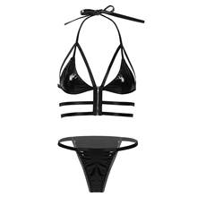 Conjunto de biquíni sensual feminino, roupa de banho em couro envernizado, conjunto de verão, sutiã com gola halter e zíper, roupa de praia para mulheres 2024 - compre barato