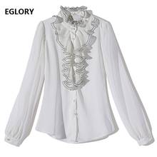 Alta qualidade da marca blusa camisa 2021 primavera verão blusas mulheres plissado deco manga longa elegante seda topos camisa branco preto xl 2024 - compre barato