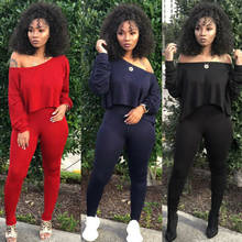 2019 Autumn Women 2 Piece Outfits Suit Black Long Sleeve Off Shoulder Crop Top High Waist Pants Set Casual Ladies Suit 2024 - buy cheap