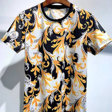 Nova tecnologia verão artesanato dourado floral em torno do pescoço de manga curta respirável exagerada engraçado impresso camiseta masculino extra larg 2024 - compre barato