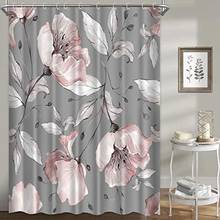 Занавеска для душа с цветочным рисунком, набор водонепроницаемых моющихся штор для ванной комнаты из серой ткани с розовыми розами 2024 - купить недорого