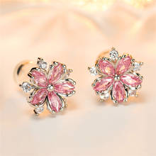 Dainty Female Pink Zircon Stone Earrings Cute Silver Color Wedding Earrings Jewelry Trendy Flower Small Stud Earrings For Women 2024 - buy cheap