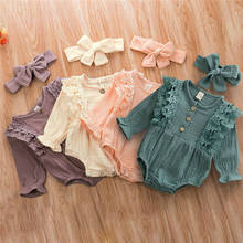 Girl Jumpsuit Set Newborn Infant Baby Girl Cotton & Linen Romper Autumn Spring Clothes Long Sleeve Button Lace Headband Outfit 2024 - buy cheap