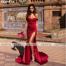 Off The Shoulder Hot Red Mermaid Prom Dresses Long Train High Slit Strapless Sexy Prom Gowns For Formal Occasion Party 2024 - buy cheap