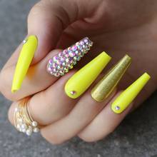 Yellow long coffin Extra fake nail Rhinestone luxury coffin AB Rhinestone summer holographic false nails 2024 - buy cheap