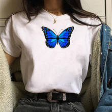 Camiseta con estampado de mariposa azul para mujer, remera estampada informal Harajuku, playera bonita para mujer, camiseta de manga corta de los 90 para niña 2024 - compra barato