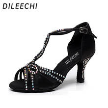 DILEECHI Latin dance shoes diamond women Salsa Black satin Female square dance shoes Ballroom dance shoes soft outsole heel 75mm 2024 - buy cheap