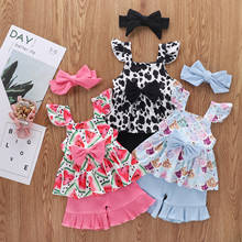 Roupas de verão para meninas com estampa de vaca, 3 peças, blusa sem mangas de flores, cor sólida, calças curtas e tiara para 1-5 anos 2024 - compre barato