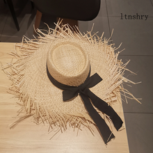 Chapéu de palha de ráfia natural feito a mão, verão, feminino, aba larga, chapéu de algodão preto, chapéu de sol, praia, férias, palha, bonés 2024 - compre barato