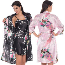 Witbuy Satin Sleepwear Flower&Peacock Print Kimono Bathrobe Women Mini Bride Bridesmaid Wedding Robe Sets Home Night Wear 2021 2024 - buy cheap