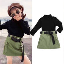 2020 Autumn Toddler Kid Baby Girls Fashion Clothes Sets Knit Long Sleeve Black Sweater Tops Army Green Skirts+Belt Outfit 2024 - buy cheap