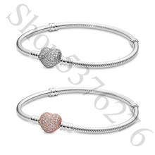 Authentic 925 Sterling Silver Moments Pave Heart Fashion Bracelet Fit Pandora Women Bead Charm Bangle Gift DIY Jewelry 2024 - buy cheap