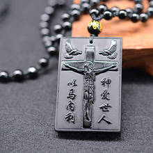 Pingente de cruz de jesus com obsidiana preta, colar com pingente de jade, amuleto da sorte, joias de jade 2024 - compre barato