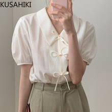 KUSAHIKI Sweet Bow Tie Woman Blouse Shirt Korean Chic Puff Short Sleeve Top Summer Solid Turn-down Collar Blusas De Mujer 6G854 2024 - buy cheap