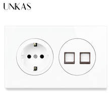UNKAS-enchufe de pared estándar de la UE + conector Dual RJ11 para teléfono, 146MM x 86MM, cristal templado y salida de Panel de aluminio negro 2024 - compra barato
