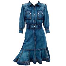 Vestido vaquero vintage de manga tres cuartos para mujer, prenda ajustada con volantes y solapa, hasta la rodilla, línea A, otoño, 2021 2024 - compra barato