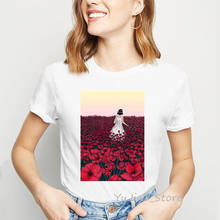 Женская Винтажная футболка с цветочным принтом «поле Маков», летняя белая футболка в уличном стиле, летняя одежда в Корейском стиле 2024 - купить недорого