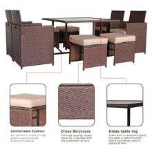 9 PCS Wood Grain PE Wicker Rattan Dining Ottoman with Tempered Glass Table Patio Furniture Set 2024 - buy cheap
