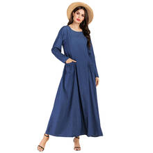 Siskakia Bief Solid Denim Long Dress Blue Spring Autumn 2020 Casual O neck long-sleeved maxi Dresses Muslim Arab Women Clothing 2024 - buy cheap