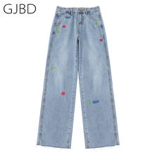 Джинсы женские джинсовые с завышенной талией, повседневные синие брюки из денима в стиле Харадзюку, уличная одежда с винтажной вышивкой, брюки с широкими штанинами с разрезом, весна 2021 2024 - купить недорого