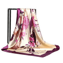 Модный Шелковый Атласный платок с цветочным принтом, шарф для волос для женщин, квадратные шали и палантины 90*90 см, зимние шарфы для женщин 2021 2024 - купить недорого