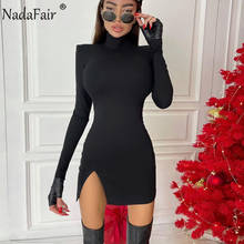 Nadafair High Neck Long Sleeve Mini Dress Women Black Sexy Split Short Wrap Club Bodycon Dress Party Night 2024 - buy cheap